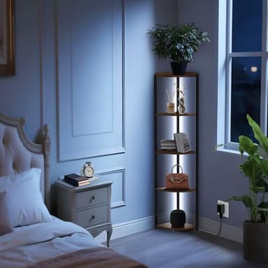 ZOUTOG 5 Tier Corner Shelf with LED Light, 62 Inch Tall Standing Narrow Bookshelf for Small Space with Storage Rack, Wooden Plant Corner Display Shelf with Metal Frame for Bedroom, Living Room - Image 7