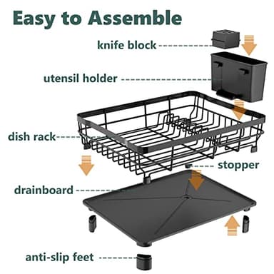 AIDERLY Iron Dish Drying Rack with Drainboard Dish Drainers for Kitchen Counter Extendable Spout Strainers with Utensil Holder and Knife Slots, Black - Image 6