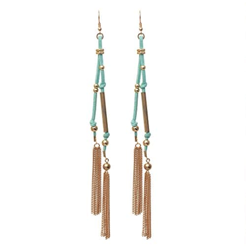 Rosemarie Collections Women's Boho Chic Colorful Vegan Suede With Chain Link Fringe Tassel Extra Long Statement Making Shoulder Duster Dangle Earrings, 7" (Mint) - Image 1