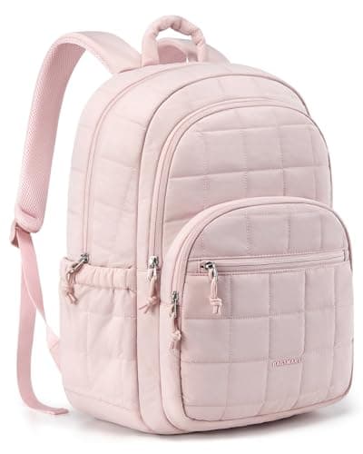 BAGSMART College Laptop Backpack, Travel Laptop Backpack for Women, Quilted Casual Daypack, Water-Resistant Bookbag for 15.6 Inch Laptop, Pink - Image 1