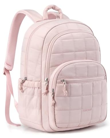 BAGSMART College Laptop Backpack, Travel Laptop Backpack for Women, Quilted Casual Daypack, Water-Resistant Bookbag for 15.6 Inch Laptop, Pink - Image 1