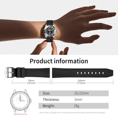 ULLCHRO FKM Rubber Watch Strap 20mm 22mm Quick Release Fluororubber Band with Silver Buckle Soft Breathable Durable Rubber Sport Strap for Men Women Waterproof Silicone Replacement (20mm, Black) - Image 6