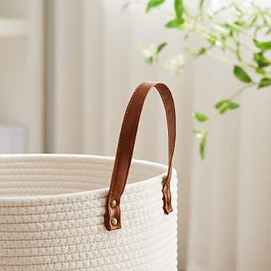 VIPOSCO Tall Laundry Basket, Large Dirty Clothes Hamper with Leather Handle, Woven Rope Storage Basket for Blanket, Toy In Living Room, Bathroom, Bedroom - 58L White & Brown - Image 3