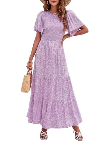 ZESICA Women's 2025 Summer Casual Floral Print Short Flutter Sleeve Crew Neck Smocked High Waist Flowy Maxi Dress,Purple,Medium - Image 1