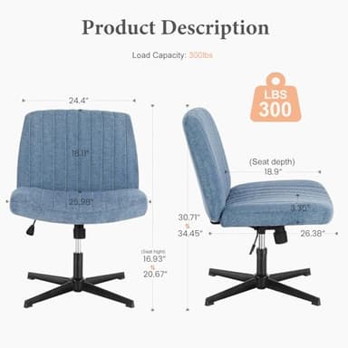 Sweetcrispy Criss Cross Chair Legged, Armless Office Wide Desk Chair No Wheels, Swivel Vanity Height Adjustable Fabric Modern Computer Task Seating for Home - Blue - Image 2