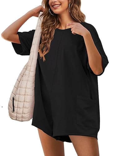 UANEO Rompers for Women Casual Oversized Athletic Jumpsuits Overalls Workout Hot Shot Tee Romper (Black-S) - Image 1