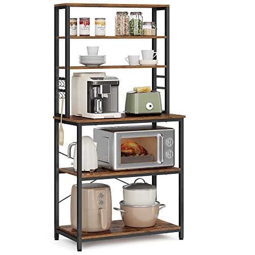 VASAGLE Coffee Bar, 31.5 Inches Baker's Rack for Kitchen with Storage, 6-Tier Kitchen Shelves with 6 Hooks, Microwave Stand, Industrial, Rustic Brown and Black UKKS019B01 - Image 1