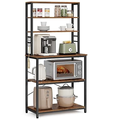 VASAGLE Coffee Bar, 31.5 Inches Baker's Rack for Kitchen with Storage, 6-Tier Kitchen Shelves with 6 Hooks, Microwave Stand, Industrial, Rustic Brown and Black UKKS019B01 - Image 1
