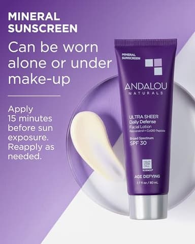 Andalou Naturals Age Defying Ultra Sheer Daily Defense Mineral Sunscreen SPF 30 | Face Lotion with Zinc Oxide | Lightweight Anti-Aging Sun Protection | 2.7 fl oz - Image 4