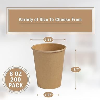 Lamosi 200 Pack 8 oz Kraft Paper Cups, Brown Disposable Paper Coffee Cups, Unbleached Paper Cups for Hot/Cold Beverage Party Home Office - Image 2