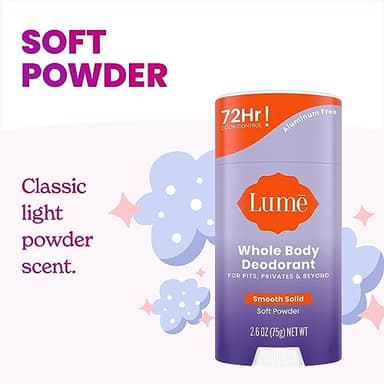 Lume Whole Body Deodorant - Smooth Solid Stick - 72 Hour Odor Control - Aluminum Free, Baking Soda Free and Skin Safe - 2.6 Ounce (Pack of 2) (Soft Powder) - Image 4