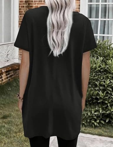 Poetsky Long Tees with Pockets for Women Casual T-Shirts Loose Fit Solid Color Short Sleeve Tunic Tops Oversized Shirts for Women Black - Image 2