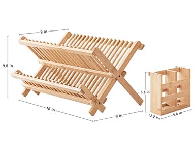 HBlife Dish Rack, Bamboo Folding 2-Tier Collapsible Drainer Dish Drying Rack with Utensils Flatware Holder Set (Dish Rack with Utensil Holder) - Image 3