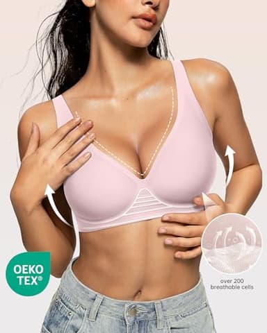 OEAK Womens Deep V Bras Wireless Comfortable Bra Supportive No Underwire Bras Tshirt Push Up Bralettes Plunge Seamless Bra 2XL Pink - Image 2