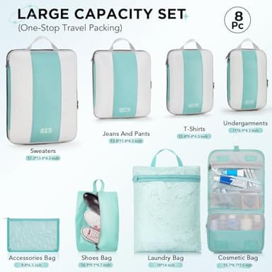8 Set Compression Packing Cubes for Travel Essentials,Compressible Expandable Packing Cubes for Suitcase,OlarHike Luggage Organizer Bags for Travel,Handy Helper for Organizing Clothes(New Blue Green) - Image 2