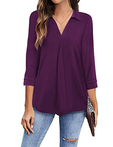 Newchoice Womens V Neck 3/4 Sleeve Shirts Business Casual Tops Ladies Stylish Work Blouses Dressy Loose Fit Tunic Tops (Dark Purple, XL) - Image 1