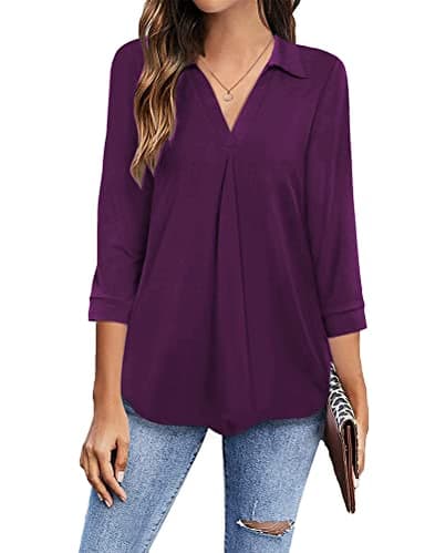 Newchoice Womens V Neck 3/4 Sleeve Shirts Business Casual Tops Ladies Stylish Work Blouses Dressy Loose Fit Tunic Tops (Dark Purple, XL) - Image 1