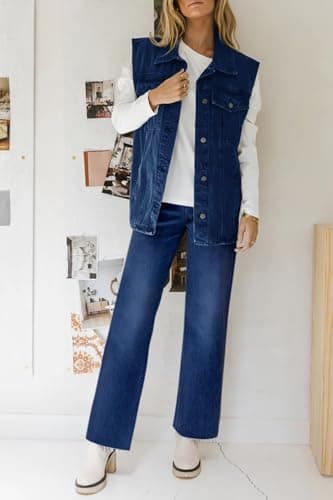 KDF Straight Leg Jeans for Women High Waisted Jeans Frayed Baggy Pants Raw Hem Loose Stretchy Cropped Wide Leg Jeans Dark Blue Size 14 - Image 4