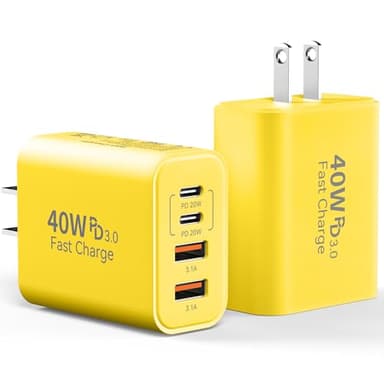 USB C Charger Block, 2-Pack 40W 4-Port Multiple Type C Fast Charging Phone Charger Brick +QC 3.0 USB A Wall Plug Out let Multiport Box Cube for Phone 15/14/13/12/11 Pro Max, Galaxy, Pixel, Yellow - Image 1