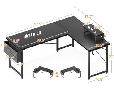 ODK L Shaped Desk, 57.5" Computer Gaming Desks, Home Office Writing Table with Monitor Shelf, Space-Saving Modern Corner Workstation, Easy to Assemble, Black - Image 3