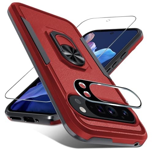 Janmitta for Google Pixel 9 Pro XL Case with Screen Protector+Camera Lens Protector,Heavy Duty Shockproof Full Body Phone Cover Built in Metal Ring Holder Kickstand,2024 Red - Image 1