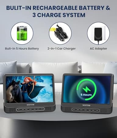 WONNIE 12" Dual Car DVD Players Portable DVD Players for Car Headrest Play a Same or Two Different Movies with 5-Hour Rechargeable Battery, Mounting Brackets, All Region, Support USB/Sync TV - Image 5