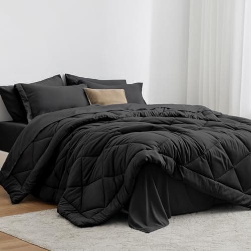 Love's cabin King Size Comforter Set Black, 7 Pieces King Bed in a Bag, All Season Bedding Sets with 1 Comforter, 1 Flat Sheet, 1 Fitted Sheet, 2 Pillowcase and 2 Pillow Sham - Image 1