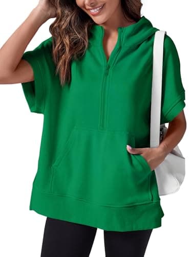 Fisoew Womens Oversized Half Zip Hoodies Short Sleeve Casual Sweatshirts Pullover Tops with Pockets Green - Image 1