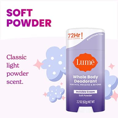 Lume Whole Body Deodorant - Invisible Cream Stick - 72 Hour Odor Control - Aluminum Free, Baking Soda Free, Skin Safe - 2.2 Ounce (Pack of 2) (Soft Powder) - Image 4