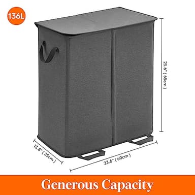 Lifewit Double Laundry Hamper with Lid and Removable Laundry Bags, Large Collapsible 2 Dividers Dirty Clothes Basket with Handles for Bedroom, Laundry Room, Closet, Bathroom, College, 136L Black - Image 6