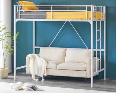 VINGLI Loft Bed Twin for Kids Loft Bunk Bed Frame with Stairs/Flat Ladder Rung,Metal Single Loft for Adults, No Box Spring Required, White - Image 2