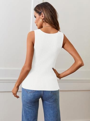 MEROKEETY Women's Ribbed Knit Tank Tops 2025 Square Neck Sleeveless Summer Basic Shirts Sweater Vest White M - Image 3