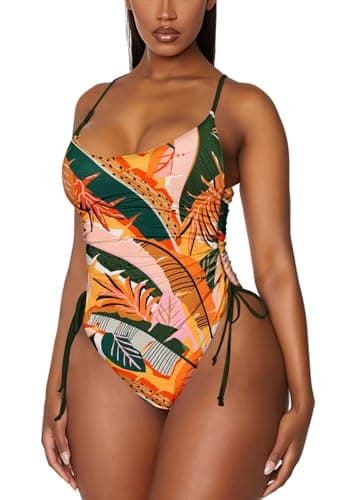 Viottiset Women's Drawstring One Piece Swimsuit Tummy Control High Cut Cheeky Bathing Suit Green Printed Pattern XL - Image 1