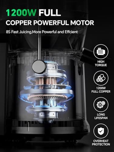 Juicer, 1200W Juicer Machine with 3" Feed Chute for Whole Fruits and Vegs, Dual Speeds Centrifugal Juice Extractor Maker with Heavy Duty Full Copper Motor, High Juice Yield, Easy to Clean, BPA-Free - Image 2