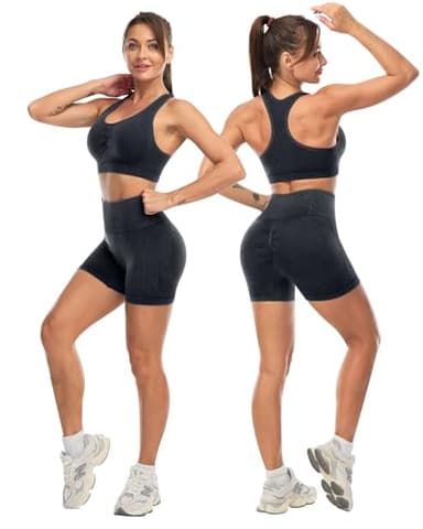 SALSPOR 3 Piece Workout Sets for Women Butt Lifting Leggings with High Impact Sports Bra Gym Shorts Activewear Matching Set(3DWX-Washed Black-XL) - Image 4