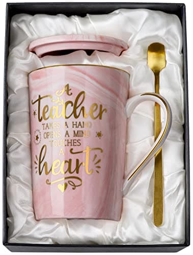 Unique Teacher Appreciation Gifts for Women - Best Teachers Day Mug for Teachers from Student, 14Oz Pink Marble Ceramic Teacher Cup with Gold Print, Birthday Retirement Graduation, Nice Gift Boxed - Image 1