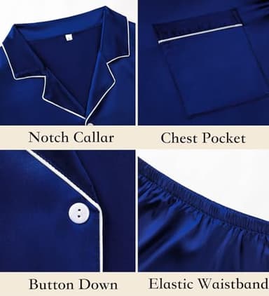 Guriyzee Couple Pajamas Set Men Satin Short Sleeve Sleepwear 2 Pcs Button Down Pjs Loungewear Navy Blue Large - Image 4