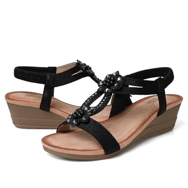 SHIBEVER Womens Wedge Sandals Rhinestone Elastic Ankle Strap Platform Sandals Open Toe Boho Dress Shoes Dressy Summer Black 11 - Image 3