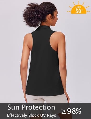 PINSPARK Golf Shirts for Women Sun Protection Tennis Tank Top with Collar V Neck Racerback Athletic T-Shirt Lightweight Workout Tops Sleeveless Yoga Shirt, Black M - Image 2