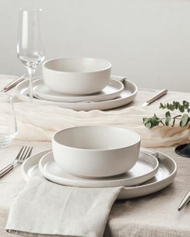 Famiware Milkyway Plates and Bowls Sets, 12 Pieces Dinnerware Sets, Reactive Glaze Dish Set, Stoneware Dishes Set for 4, Matte White - Image 2