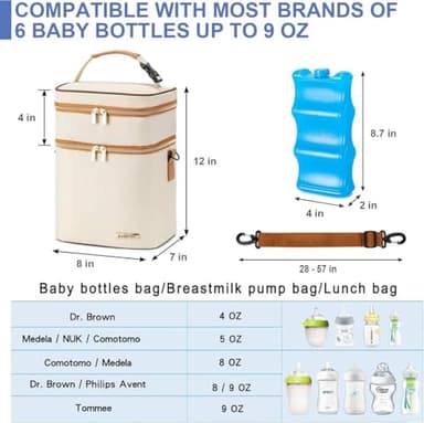 BABEYER Breastmilk Cooler Bag with Ice Pack Fits 6 Baby Bottles Up to 9 Ounce, Double Deck Leak-Proof Baby Bottles Bag with Shoulder Strap for Nursing & Working Mom, Cream - Image 4