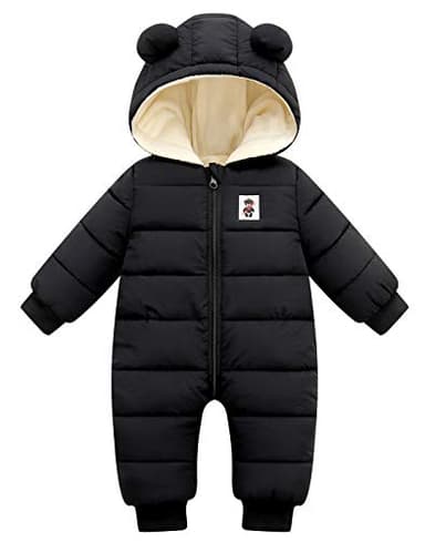 Happy Cherry Hooded Puffer Jumpsuit for Baby Boys Girls Long Sleeve Winter Romper Warm Snowsuit Coat Down Jacket 0-6 Months Black - Image 1