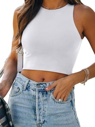 REORIA Women's Sexy Sleeveless High Neck Racerback Cropped Tank Tops Cute Teen Girls Halter Neck Crop Tops Vest White Small - Image 1