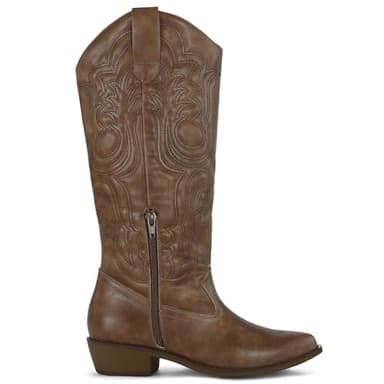 mysoft Women's Cowboy Boots Mid Calf Cowgirl Embroidered Western Pointed Toe Chunky Heel Pull On Knee High Boots - Image 7