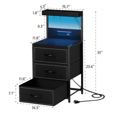 SZLHANJZ LED Nightstand with Charging Station, Night Stand with 3 Drawers and Lights, Storage Side Table with Shelf and Hooks, Tall End Table for Bedside, Bedroom, Modern Black - Image 3