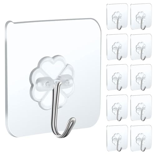 Anffeary 10 Packs Wall Hooks for Hanging Heavy Duty 22lb(Max), Waterproof Transparent Self Adhesive Wall Hooks Sticky Hooks Wall Hangers for Door Bathroom Shower Kitchen Outdoor Utility Hooks Hanger - Image 1