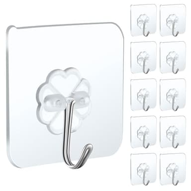 Anffeary 10 Packs Wall Hooks for Hanging Heavy Duty 22lb(Max), Waterproof Transparent Self Adhesive Wall Hooks Sticky Hooks Wall Hangers for Door Bathroom Shower Kitchen Outdoor Utility Hooks Hanger - Image 1