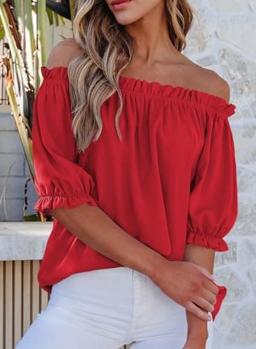 EVALESS Womens Tops Short Sleeve Shirts for Women Country Concert Outfits Summer Clothes Trendy 2025 Off The Shoulder Tops Dressy Casual Chiffon Blouses Loose Fit Spring Red Shirts, Medium - Image 3