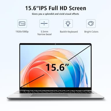 VGKE 15.6" Laptop Computer, 1920 * 1080p Student Laptop with Backlit Keyboard, 12GB DDR4 RAM 256GB SSD, Intel Celeron Quad-Core J4125 Processor, Fingerprint Reader, Webcam, Silver - Image 2