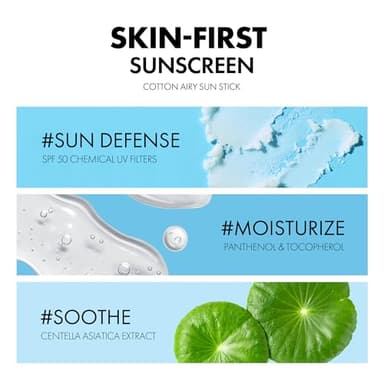 Cotton Airy Sun Stick SPF 50 Broad Spectrum Korean Matte Sunscreen Stick for Face - Travel Size Sebum Control Sunblock -Vegan, Lightweight, Non-Sticky 0.67 oz - Image 5
